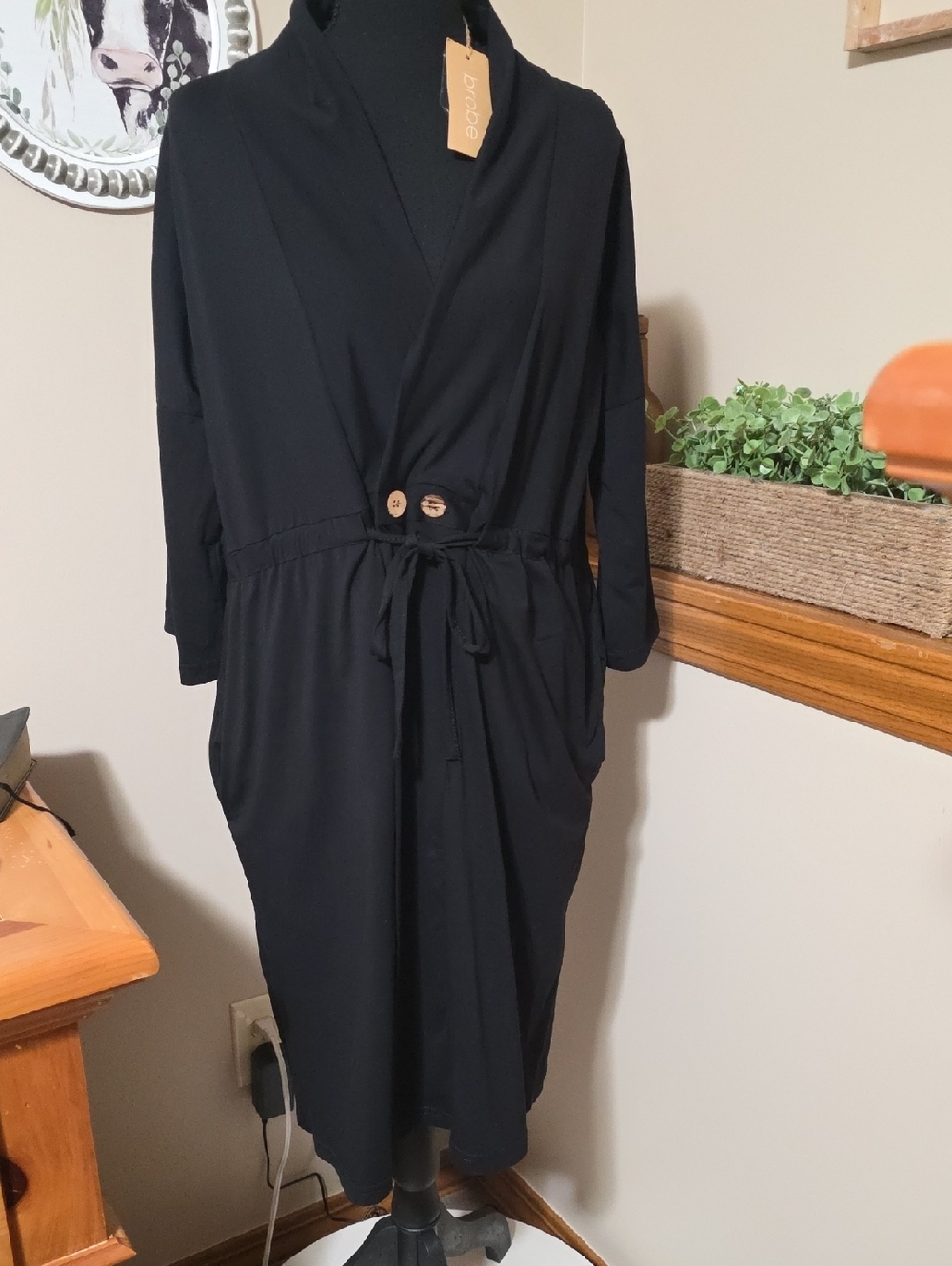 Women’s Black Wrap Robe with Drawstring and Button Detail - bobeau